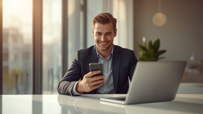 A real estate agent checking his phone with a pleased expression after getting a new lead notification