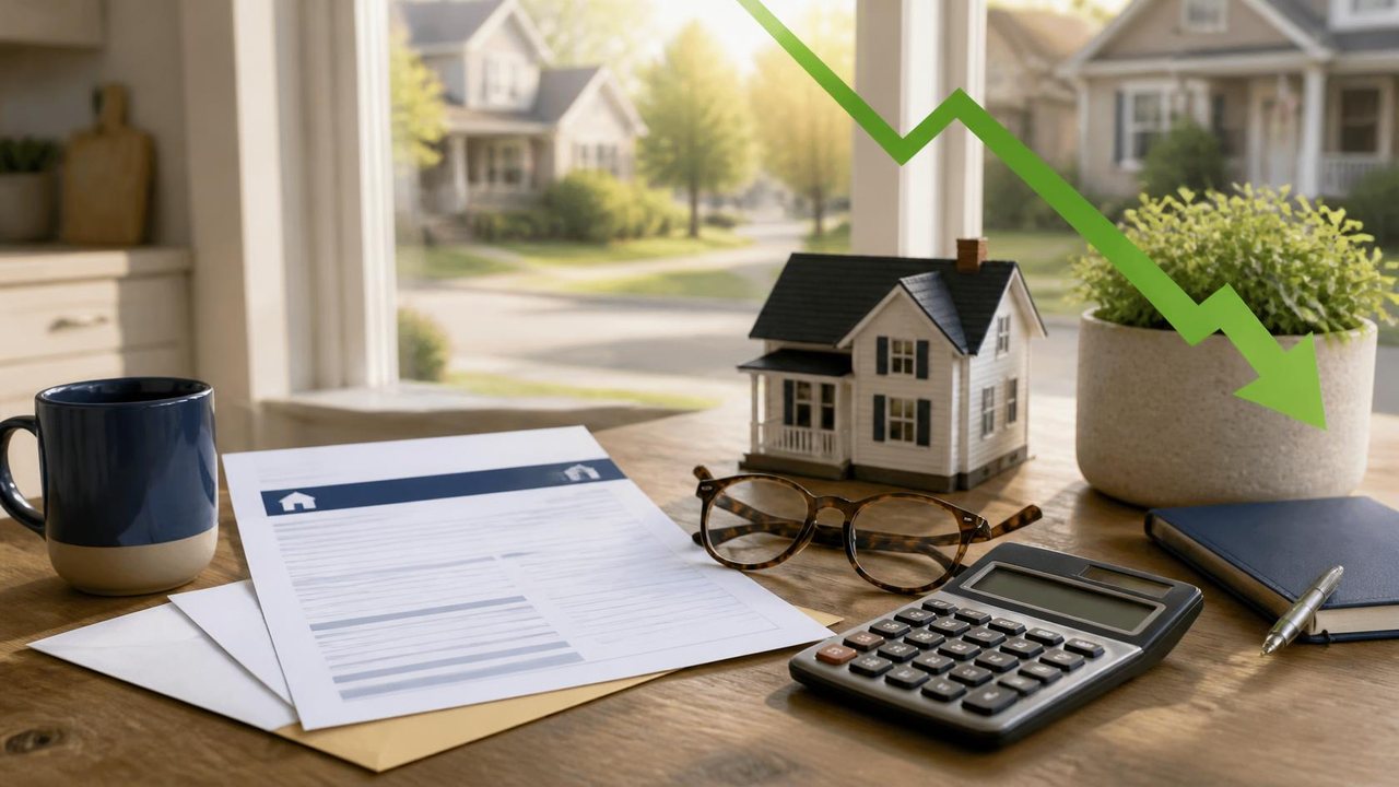 Homeowners insurance renewal notice on a kitchen table with a calculator and a small model house, representing reviewing a policy to lower the premium