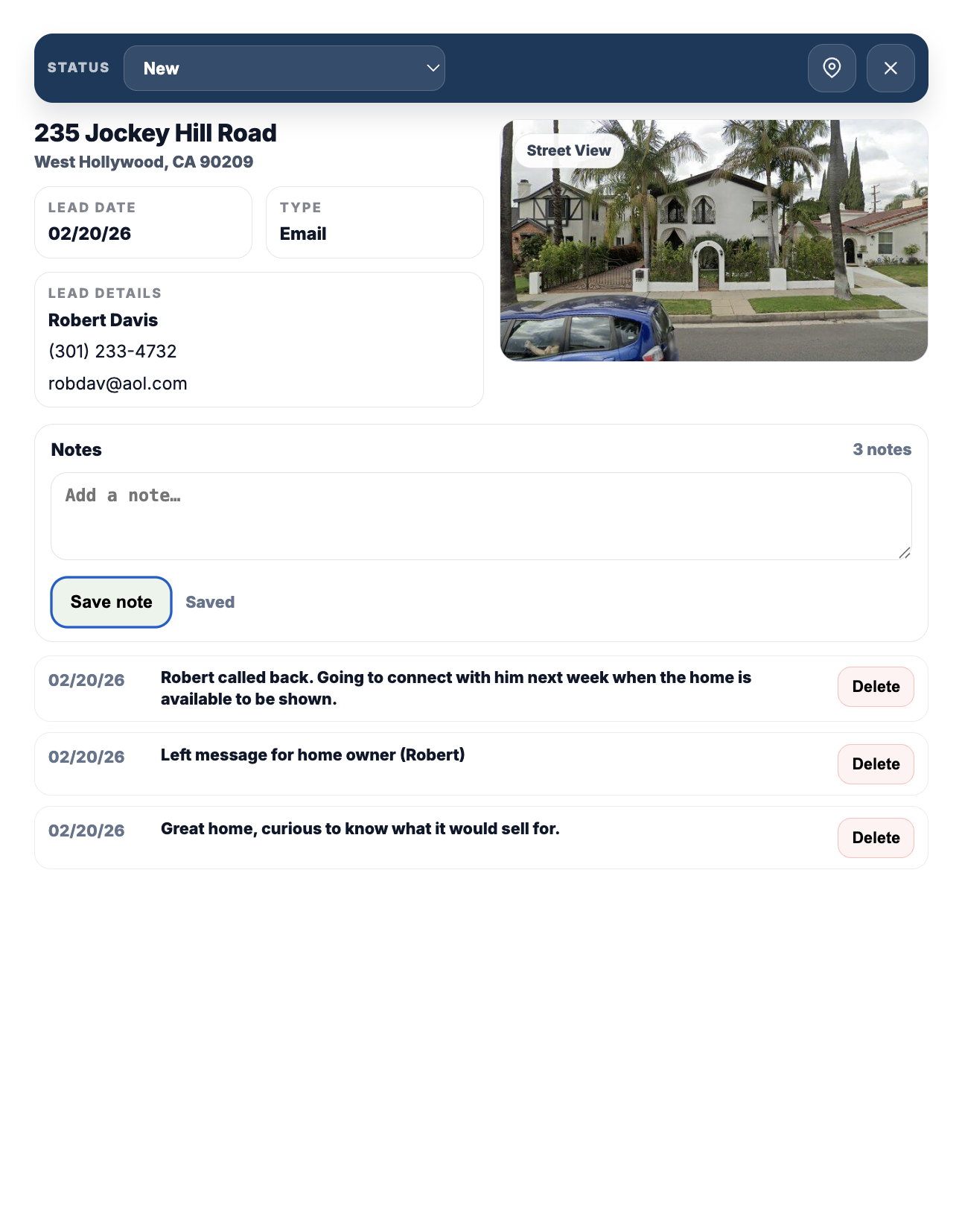 A lead's detail view in the Nationwide Home Values agent portal, showing contact info, property address, status, and notes